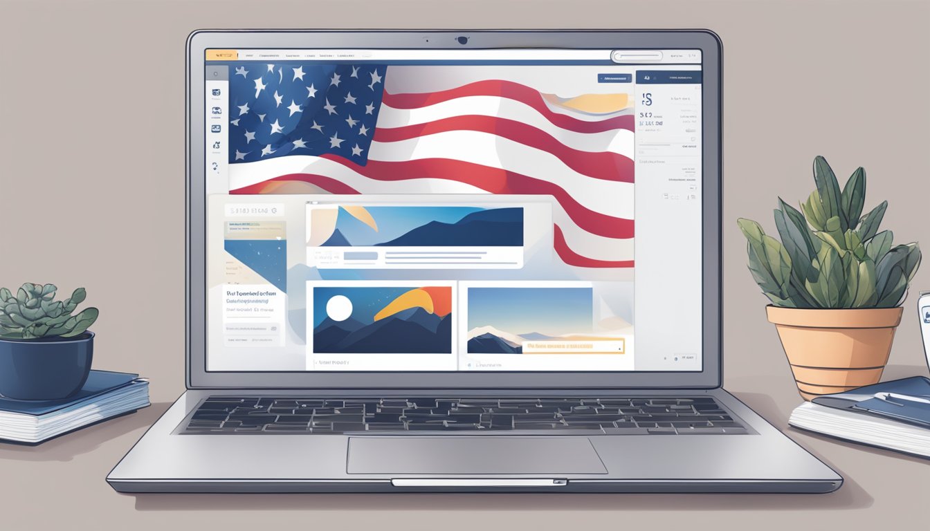 A laptop displaying the Pandora website with a USA flag in the background