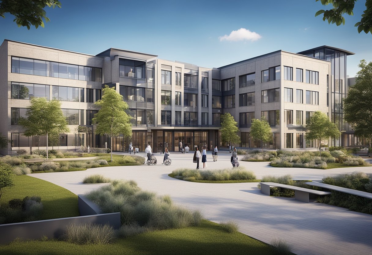 A blueprint of a modern, spacious building with wheelchair-accessible entrances and common areas for socializing and activities. Landscaped gardens and outdoor seating areas are also included in the design