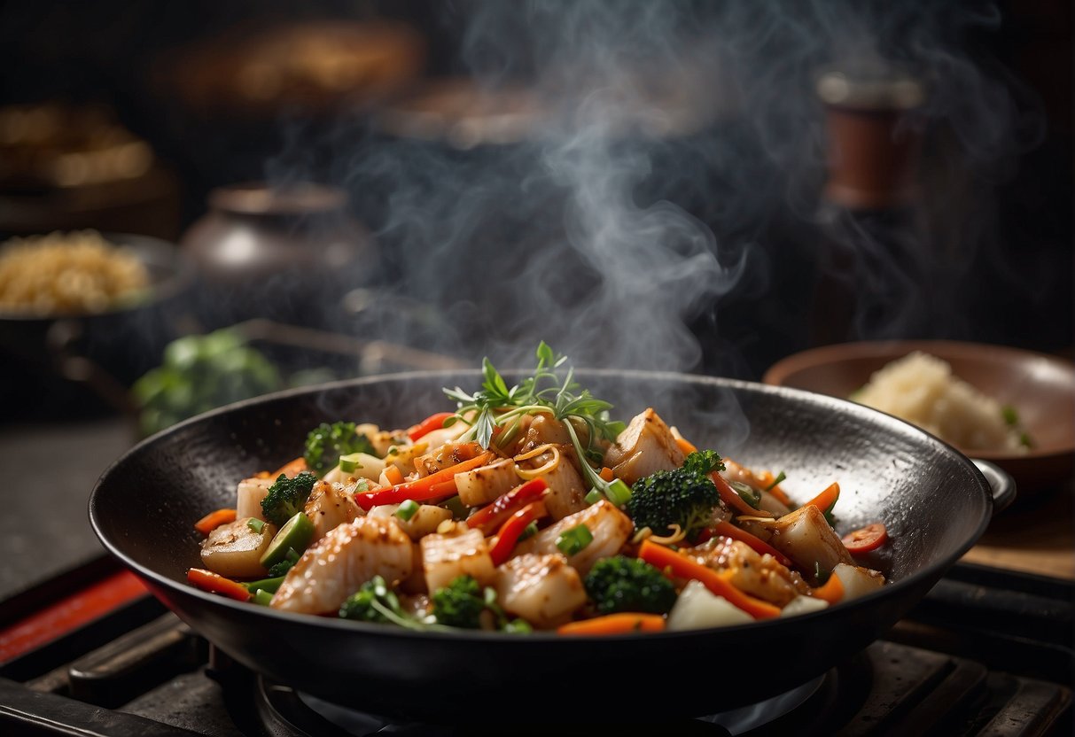 A wok sizzles with ginger-infused fish in a fragrant Chinese kitchen, as steam rises and the aroma of spices fills the air