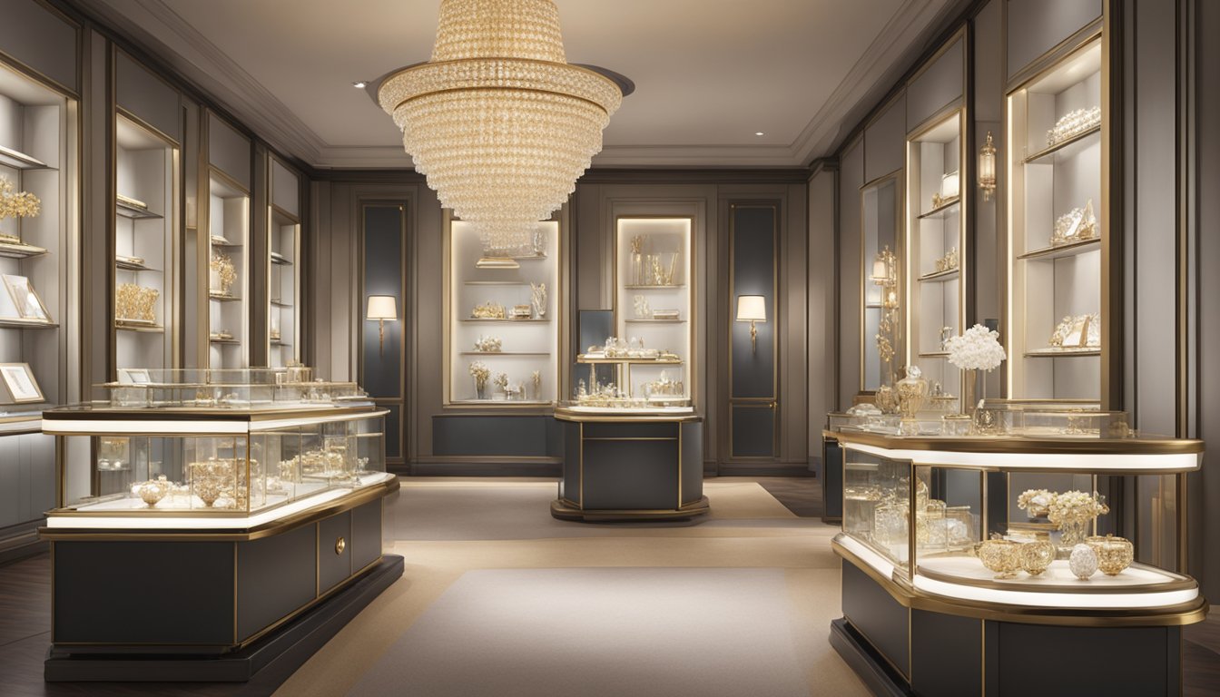 Pandora's exquisite collection displayed in a luxurious setting with soft lighting and elegant showcases. Sparkling jewelry pieces arranged in an artistic and inviting manner