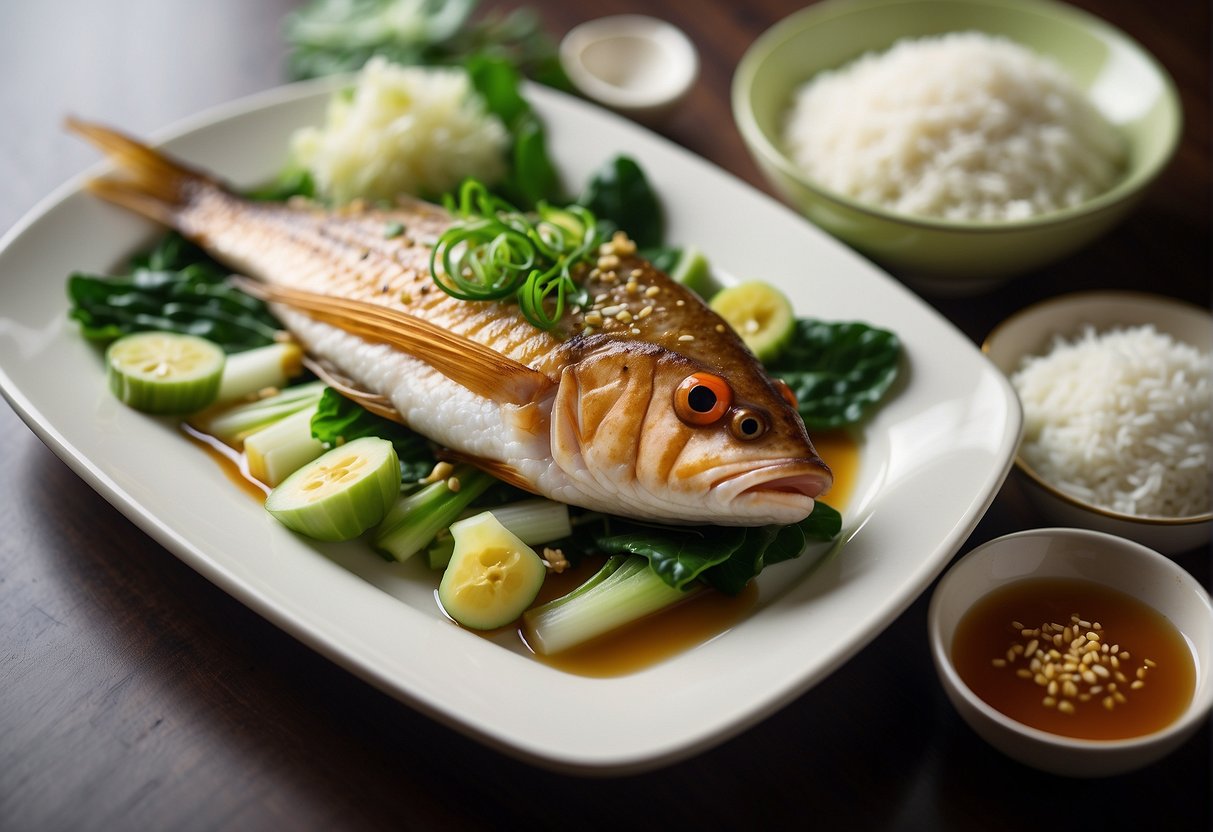 A platter of ginger fish, garnished with scallions, served on a bed of steamed bok choy, accompanied by a side of white rice