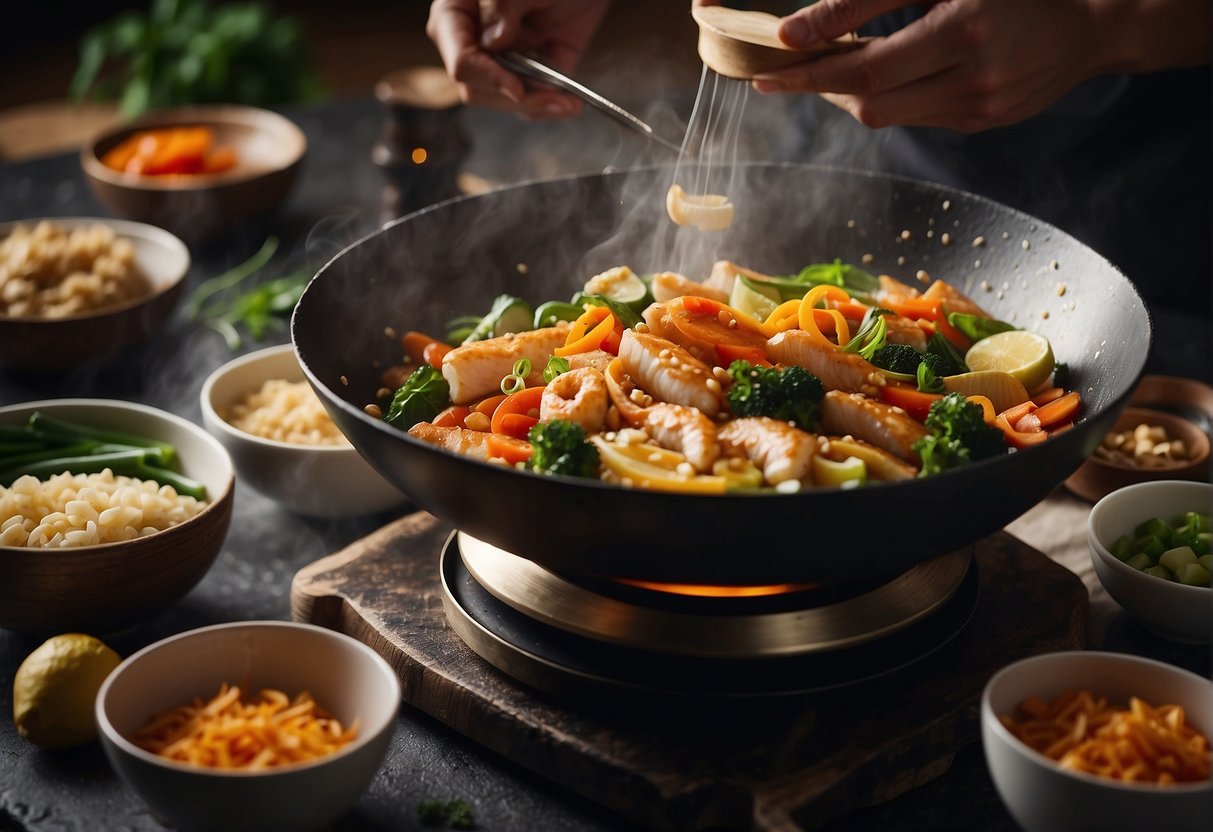 A wok sizzles as a chef adds ginger to a bubbling Chinese fish dish, surrounded by various ingredients and utensils