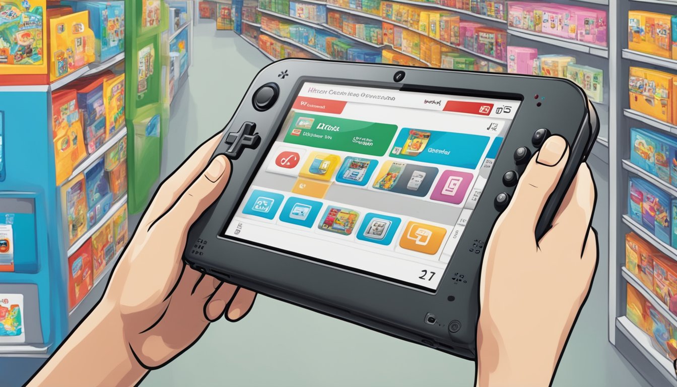 A hand reaching out to purchase a Nintendo 2DS in a Singaporean electronics store