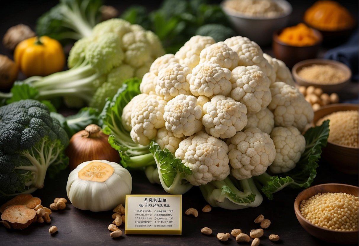 Fresh Chinese cauliflower surrounded by various nutritional information labels and symbols