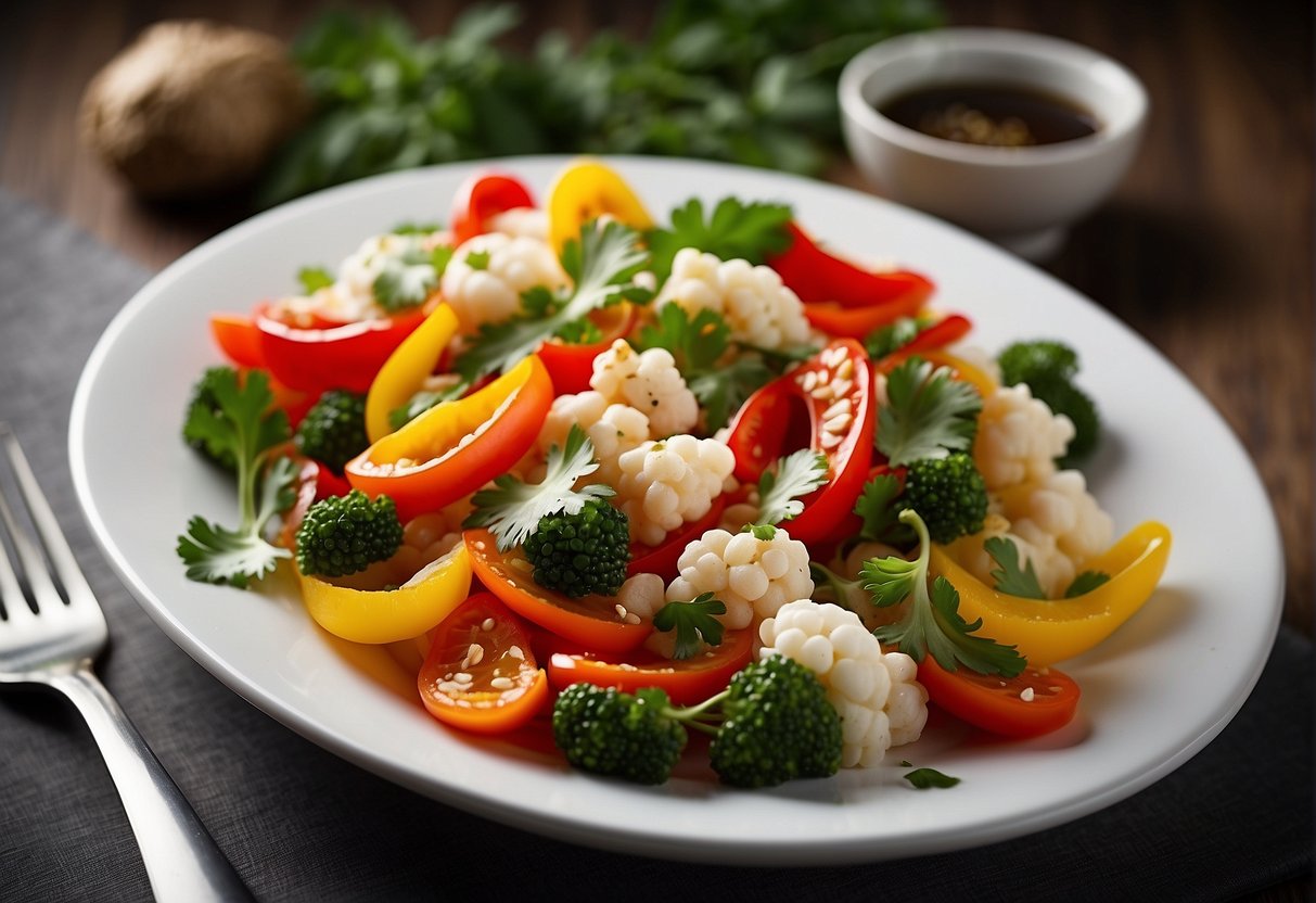 A plate of Chinese cauliflower stir-fry with colorful bell peppers and sesame seeds, garnished with fresh cilantro and served on a white ceramic dish