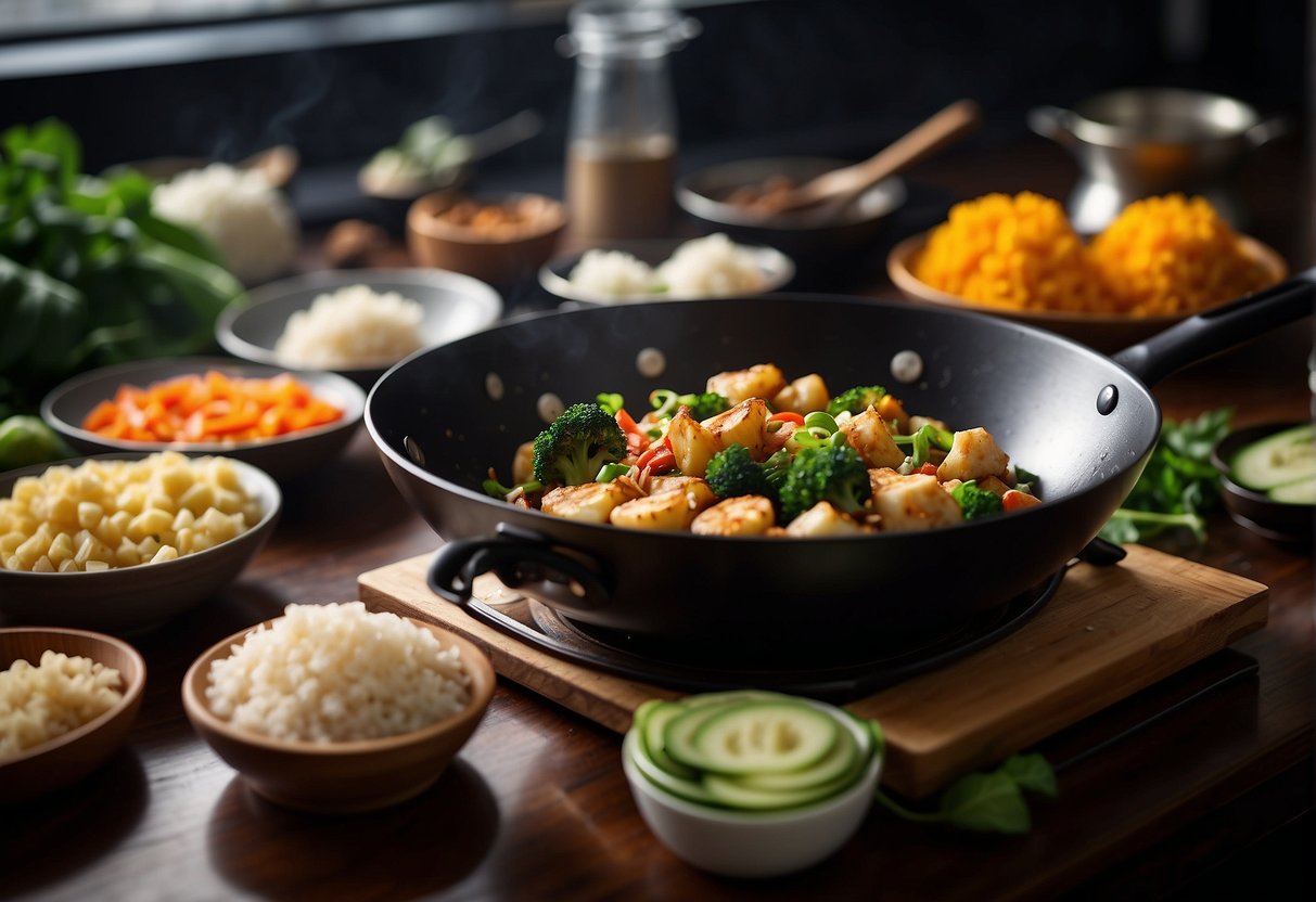 A wok sizzles with stir-fried Chinese cauliflower, surrounded by various ingredients and utensils on a kitchen counter