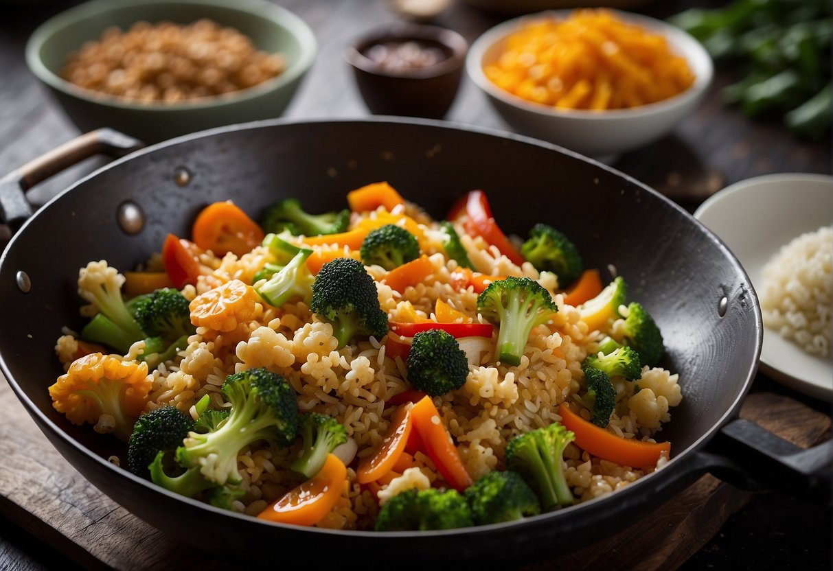 A wok sizzles with stir-fried cauliflower rice, mixed with colorful vegetables and aromatic spices. A pair of chopsticks rests on the side