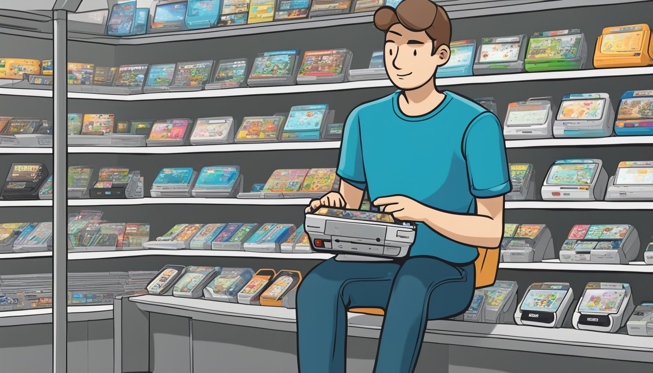 A customer browsing a store shelf filled with Nintendo 2DS consoles, with a sign above labeled "Frequently Asked Questions."