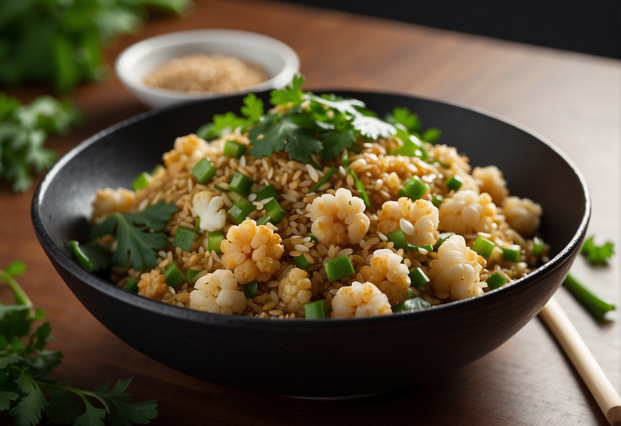 A wok sizzles with stir-fried cauliflower rice, mixed with soy sauce, ginger, and green onions. A bowl of fresh cilantro and sesame seeds sits nearby