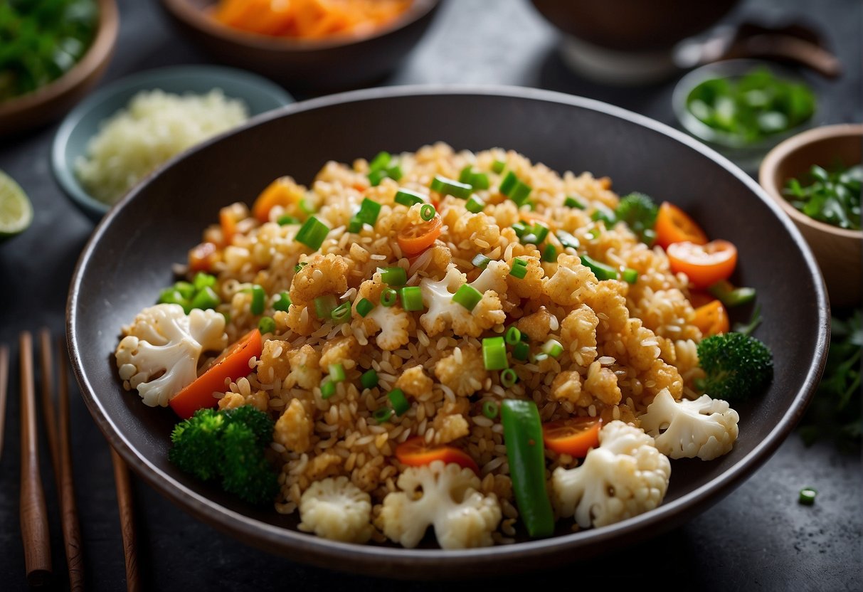 A wok sizzles with stir-fried cauliflower rice, mixed with soy sauce, ginger, and chopped green onions. A medley of colorful vegetables sits nearby, ready to be added to the dish