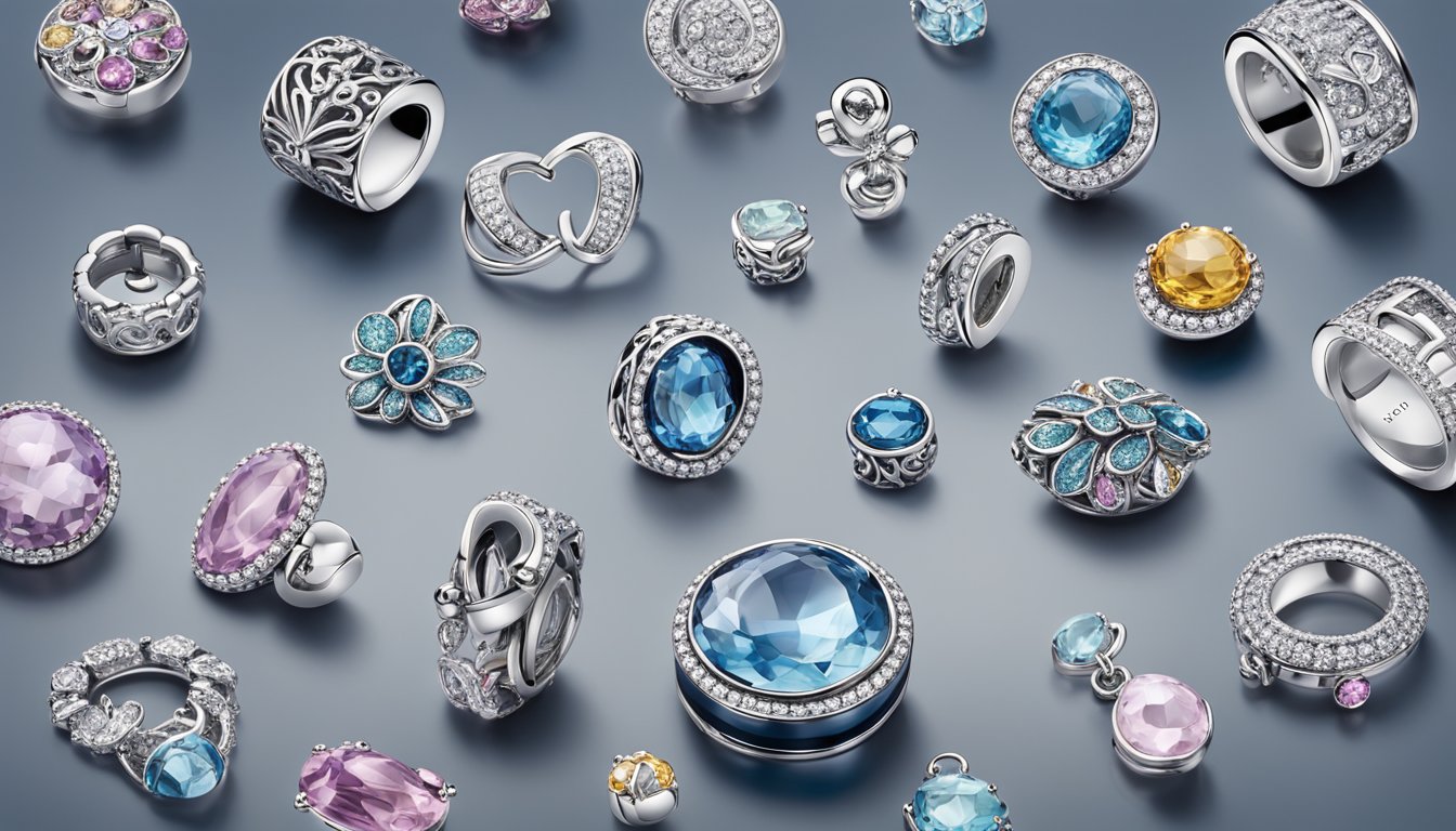 A sparkling display of Pandora charms arranged in a variety of themes and styles, showcasing the brand's signature craftsmanship and attention to detail