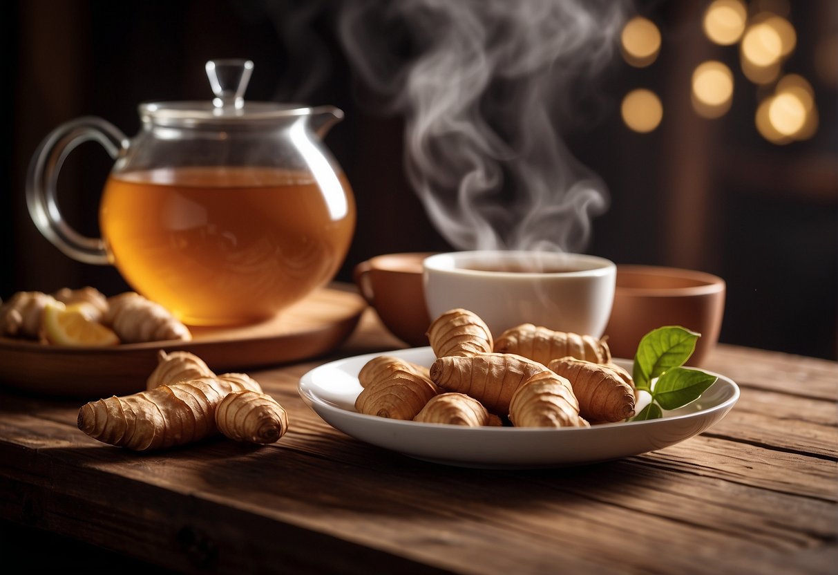 A steaming cup of ginger tea sits on a wooden table, surrounded by fresh ginger roots, cinnamon sticks, and a teapot. Steam rises from the cup, filling the air with a warm, comforting aroma