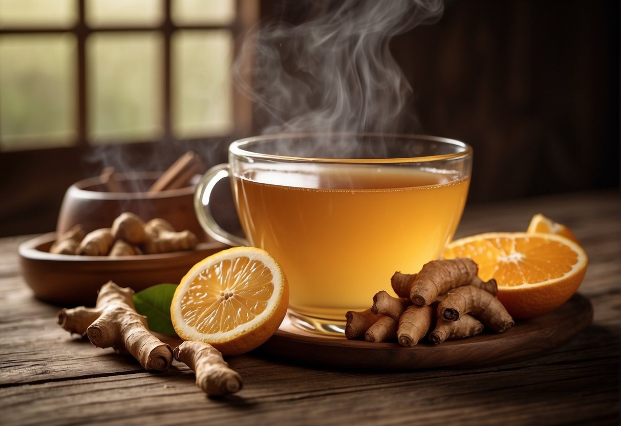 A steaming pot of ginger tea sits on a rustic wooden table, surrounded by fresh ginger roots, cinnamon sticks, and dried orange peel. A soft glow from the window illuminates the scene