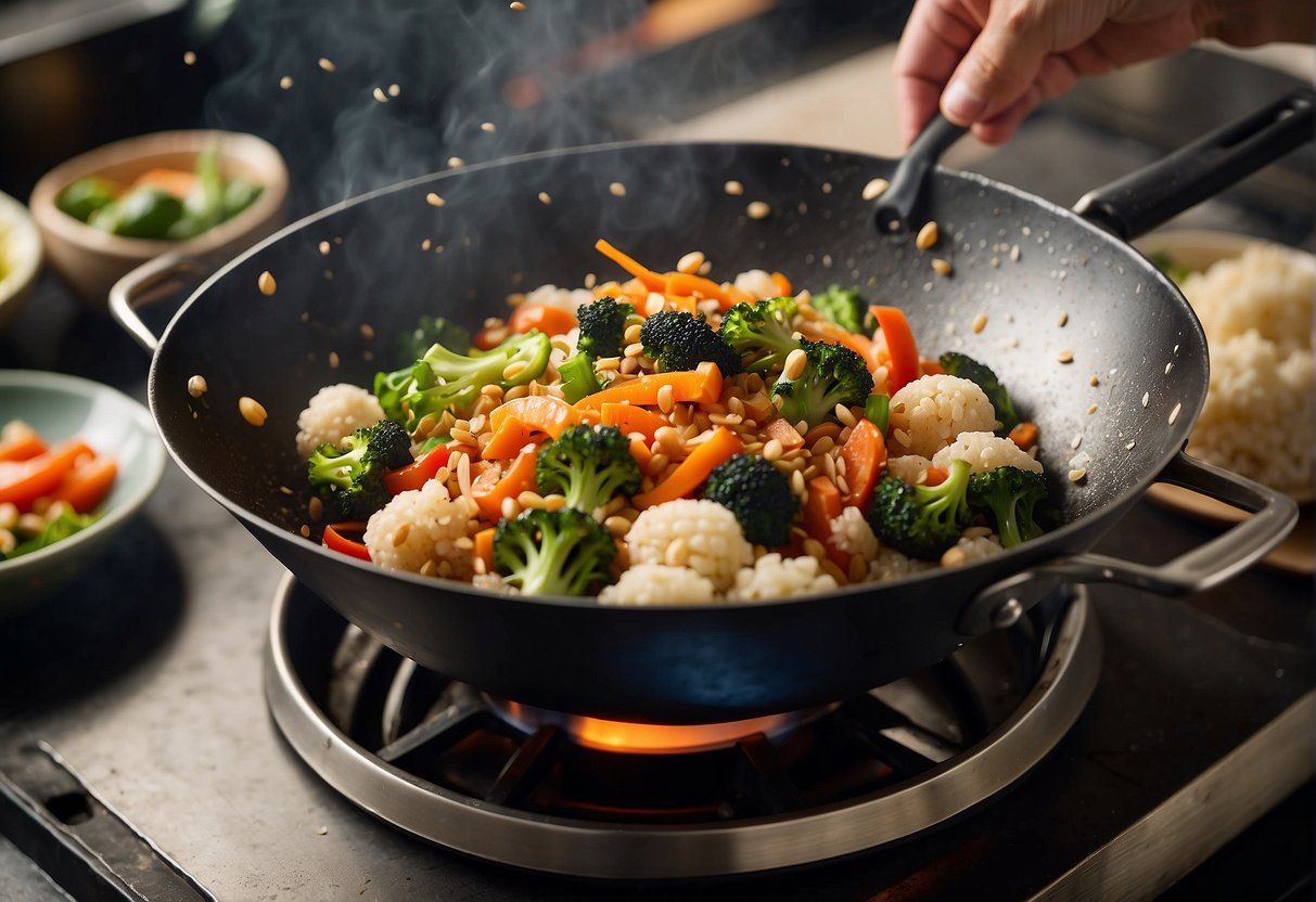 A wok sizzles over high heat, as cauliflower rice, soy sauce, and vegetables are tossed and stir-fried together, creating a fragrant and colorful dish