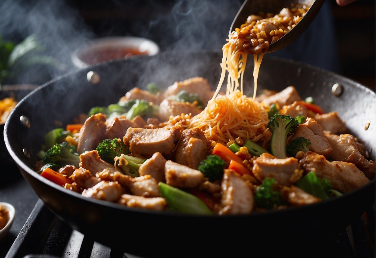 A bubbling wok sizzles with diced chicken, ginger, and gizzard. Steam rises as the cook adds soy sauce and spices