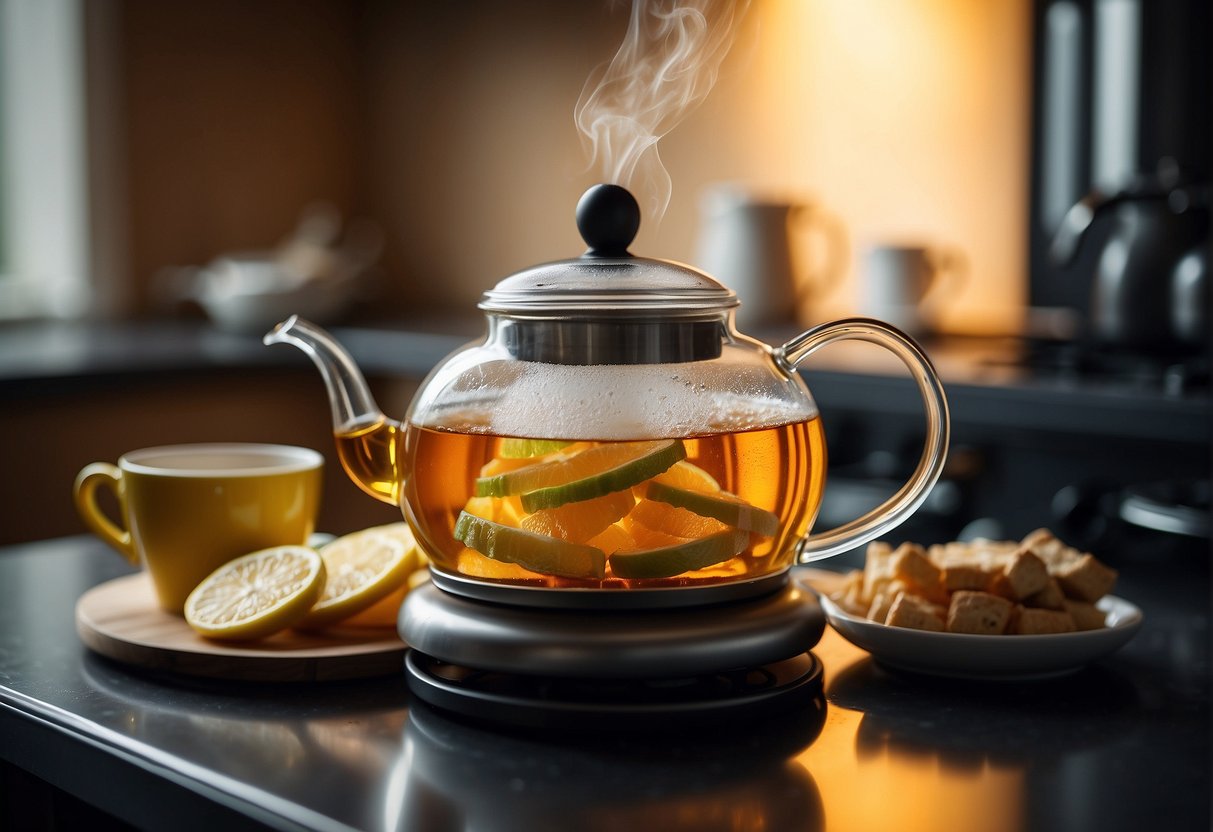 A pot simmers on a stovetop, steam rising as ginger slices and water infuse. A teapot and cups sit nearby, ready for serving