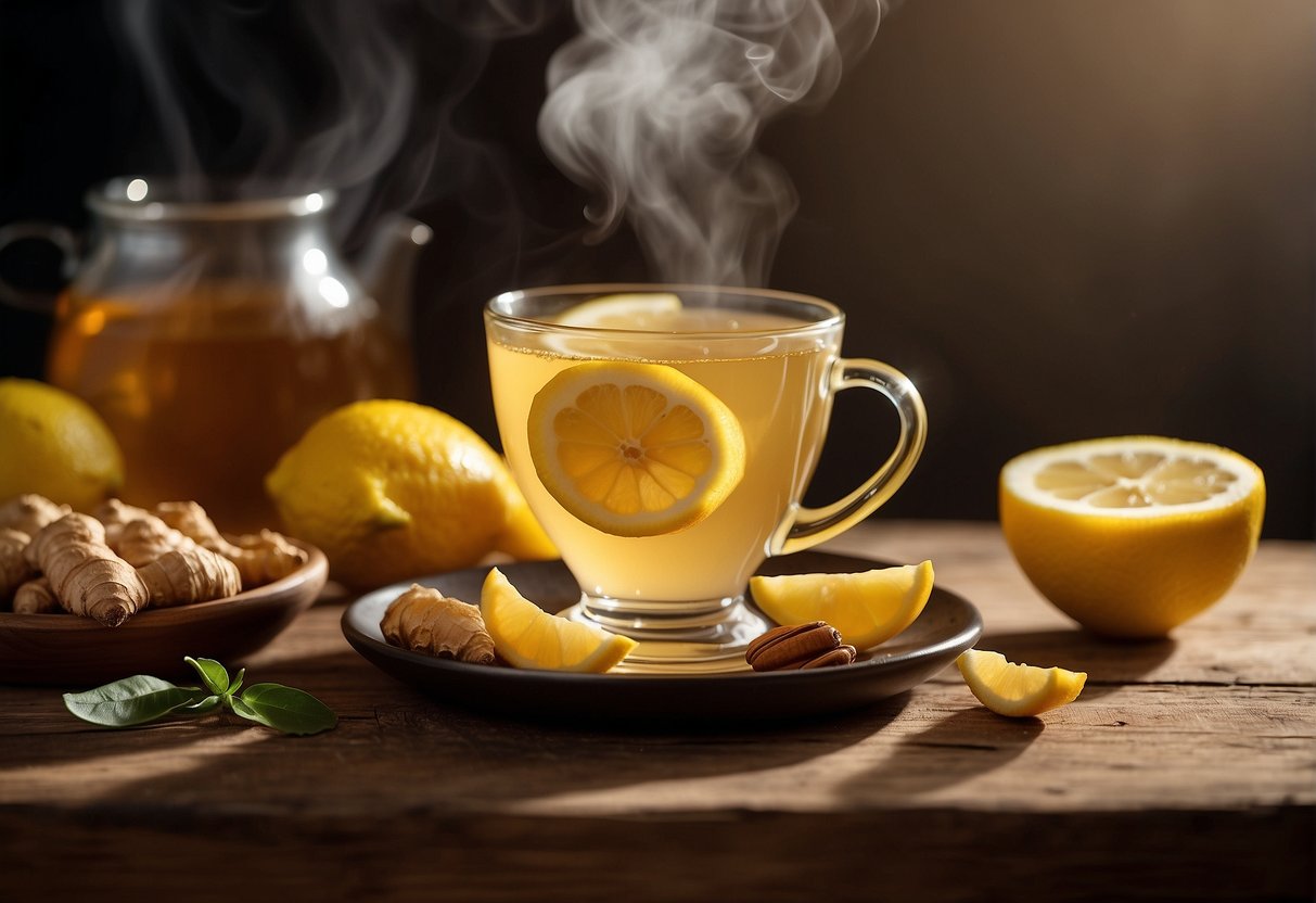 A steaming cup of ginger tea sits on a wooden table, surrounded by fresh ginger root, honey, and lemon slices. Steam rises from the cup, creating a warm and inviting atmosphere