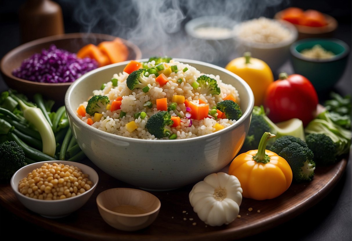 A steaming bowl of Chinese cauliflower rice surrounded by colorful vegetables and garnished with sesame seeds