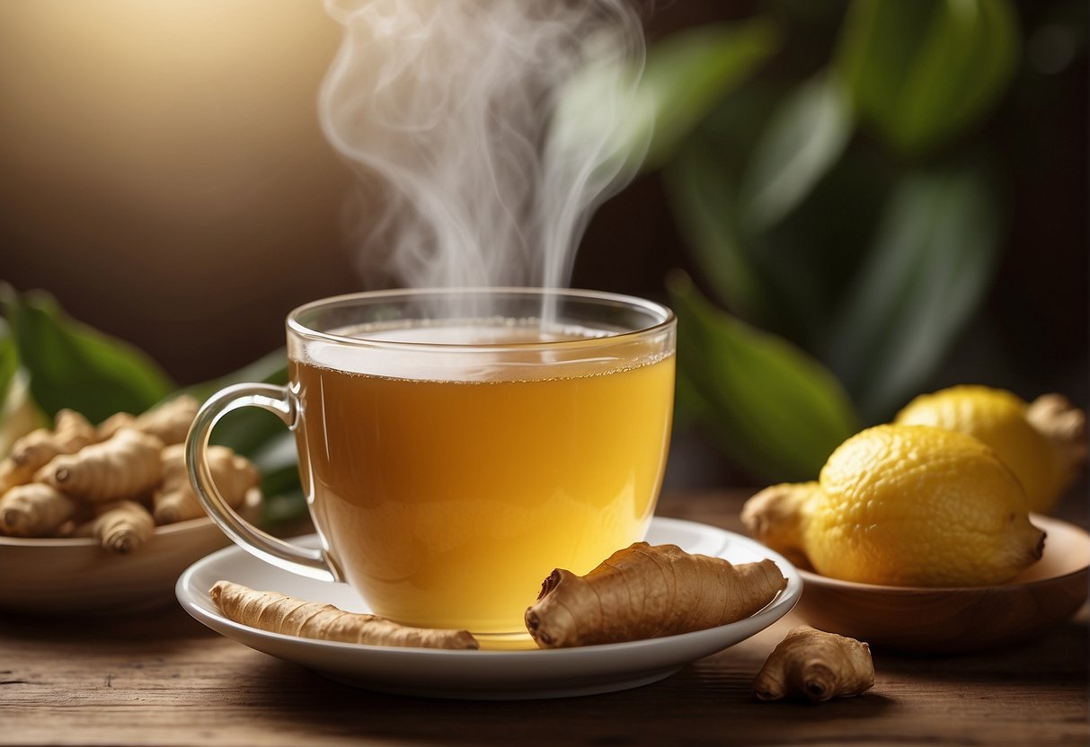 A steaming cup of ginger tea sits on a wooden table, surrounded by fresh ginger root, honey, and lemon. The steam rises and the warm, comforting aroma fills the air