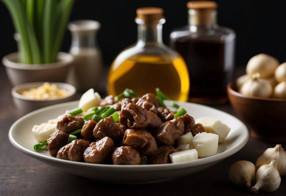 A table with ingredients: gizzards, soy sauce, ginger, garlic, and green onions. A bowl of cornstarch and a bottle of vegetable oil nearby