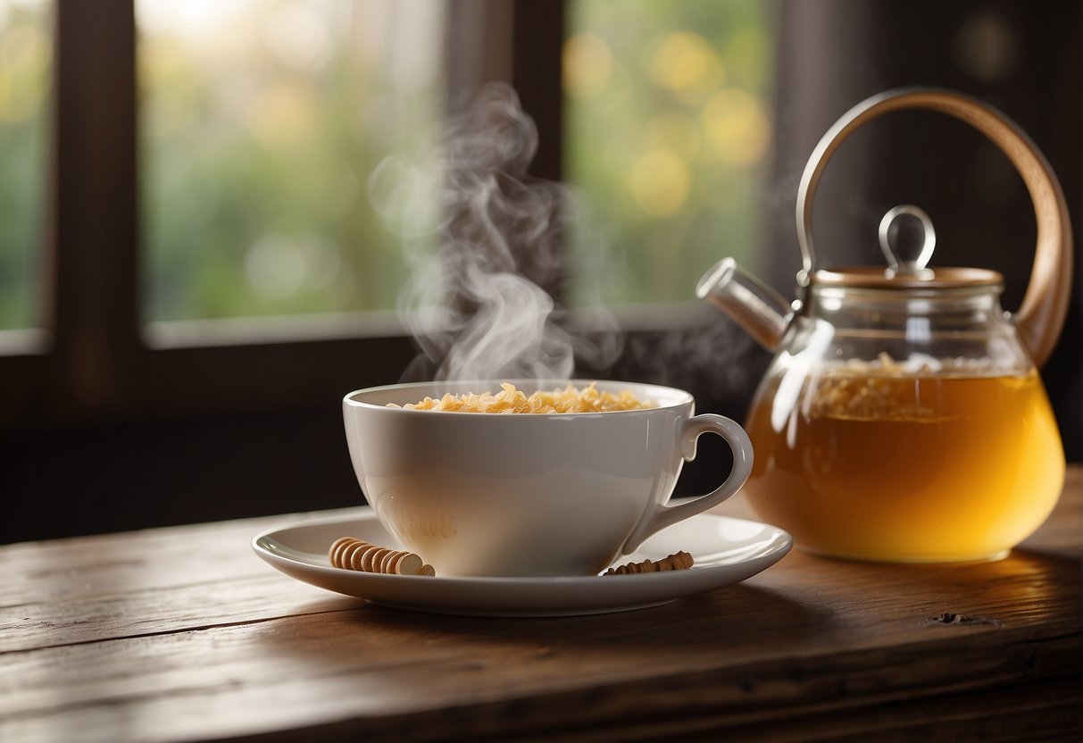 A steaming cup of ginger tea sits on a wooden table, surrounded by fresh ginger root, honey, and a teapot. Steam rises from the cup, creating a warm and inviting atmosphere