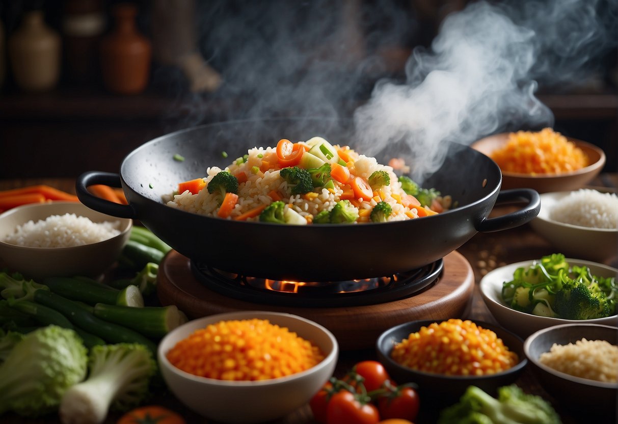 A steaming wok sizzles with fragrant Chinese cauliflower rice, surrounded by colorful ingredients like diced vegetables and savory sauces