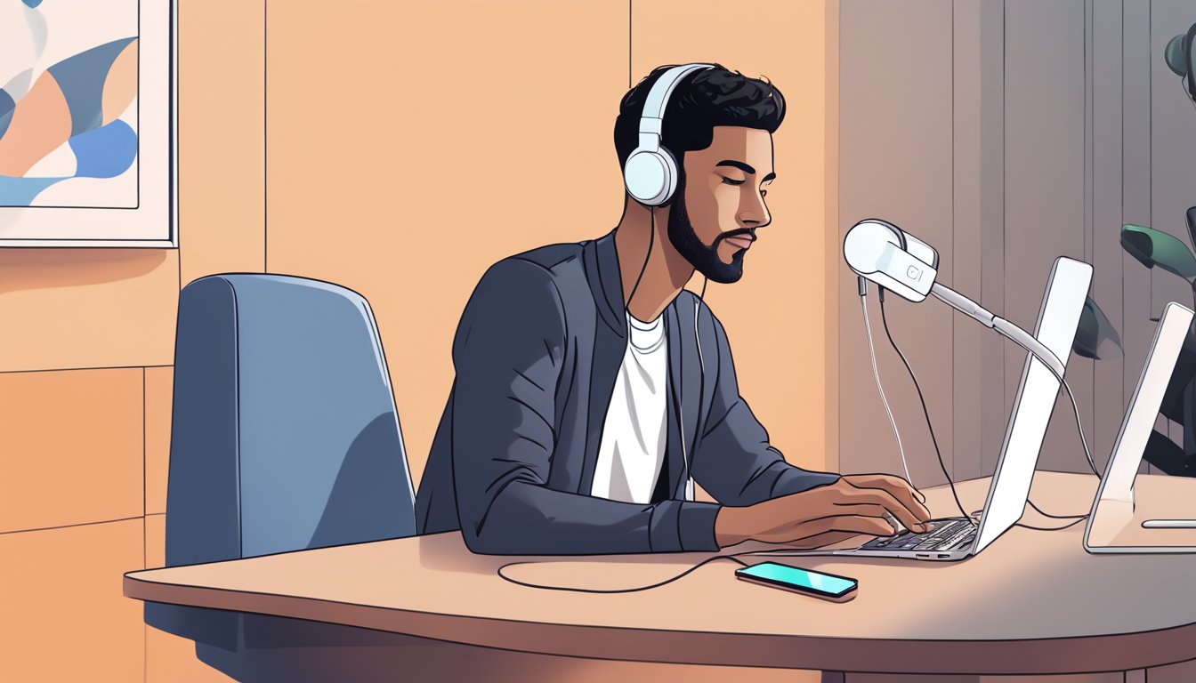 A person plugging in Pixel USB-C earbuds into a device, with a look of anticipation on their face. The background shows a modern and sleek setting, with a focus on the earbuds