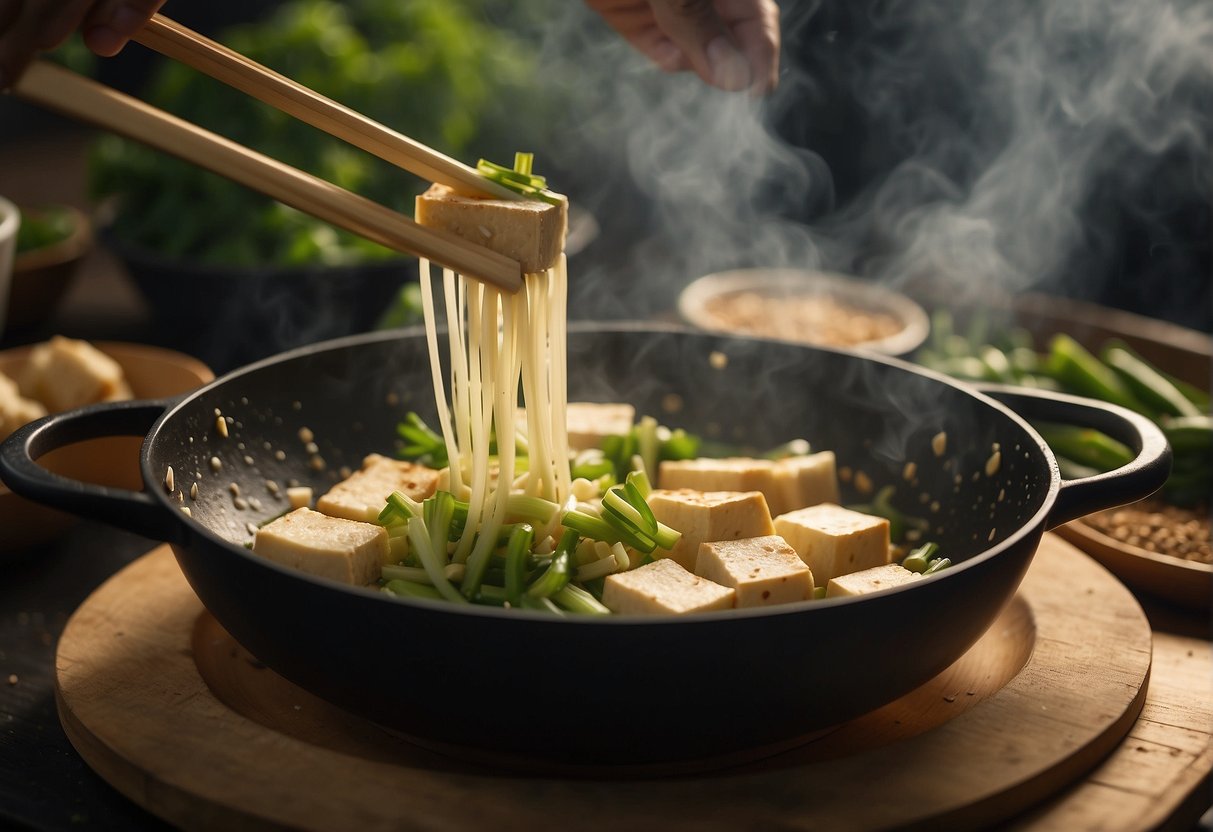 Chinese celery and tofu sizzle in a hot wok with garlic and ginger. Steam rises as the ingredients are tossed together with soy sauce and sesame oil