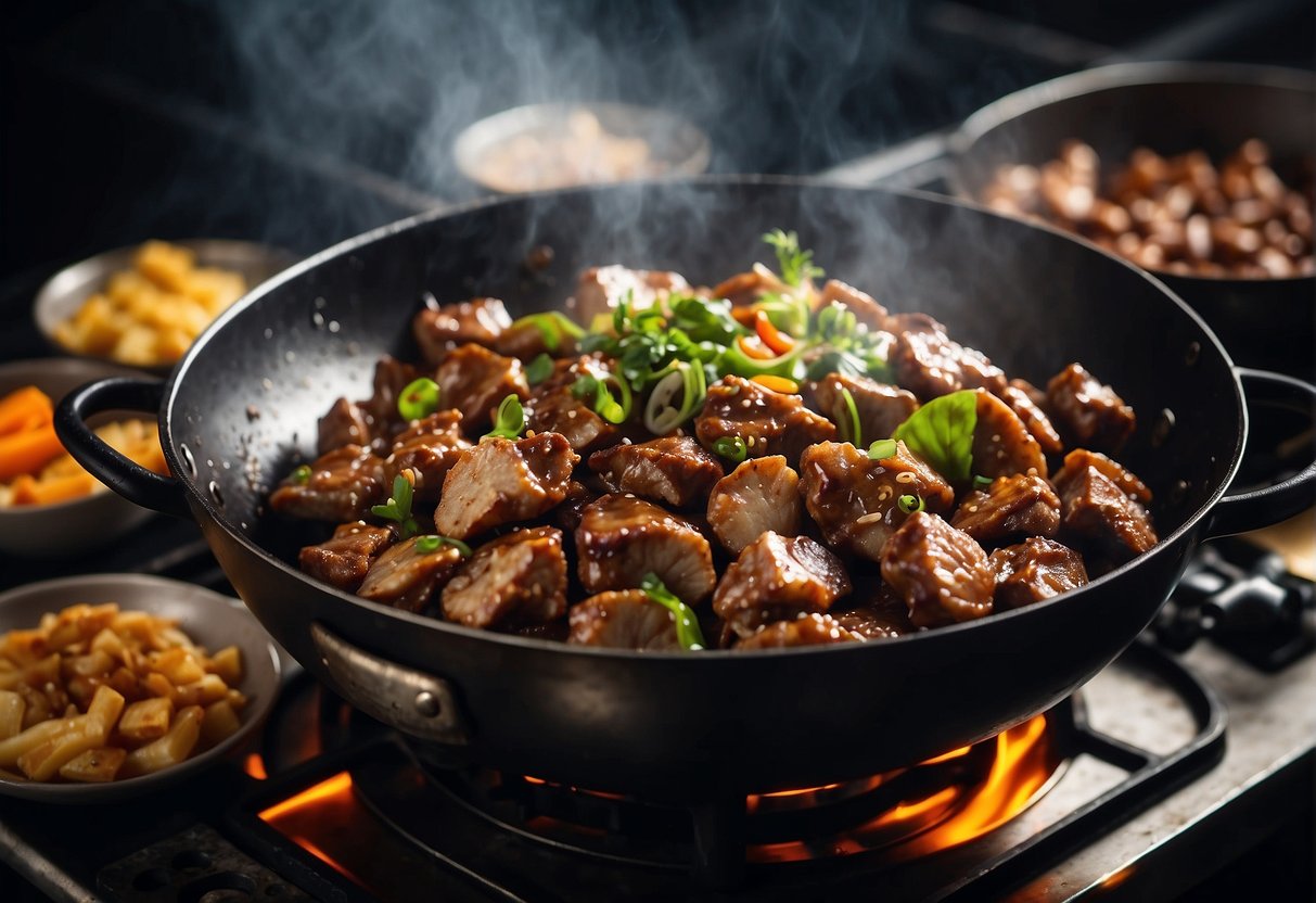 A chef stir-fries gizzards with ginger, garlic, and soy sauce in a sizzling wok