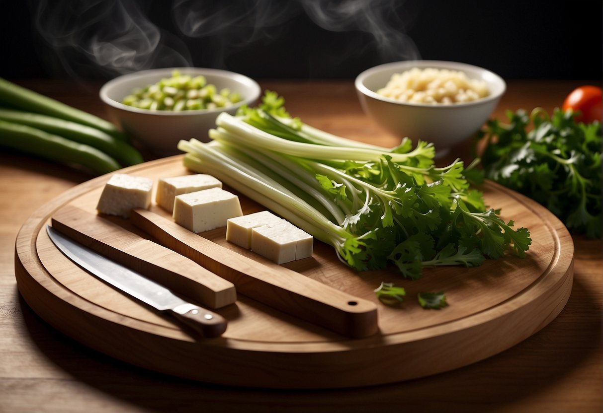 A cutting board with fresh Chinese celery and tofu, a knife slicing the ingredients, a bowl for mixing, and a sizzling pan for cooking