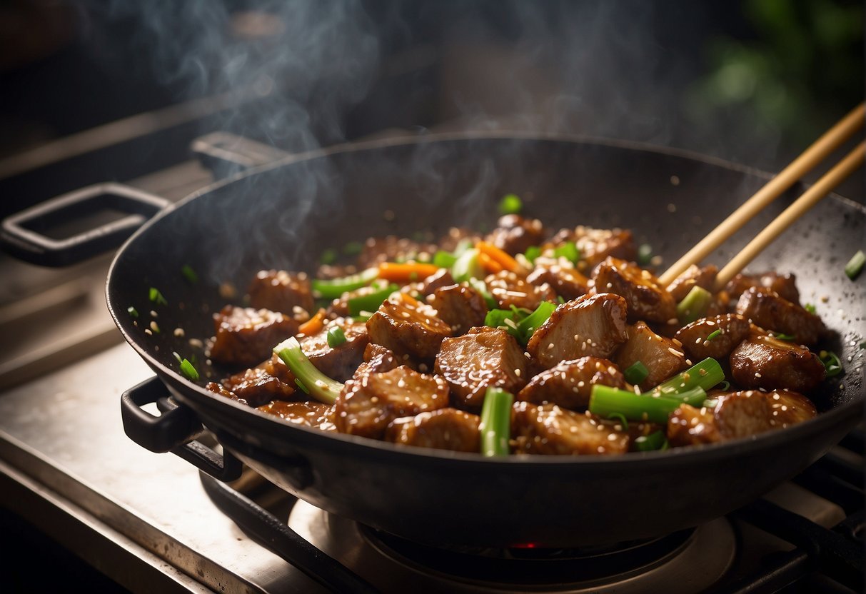 A wok sizzles as gizzards are stir-fried with soy sauce, ginger, and garlic. Green onions and sesame seeds are sprinkled on top