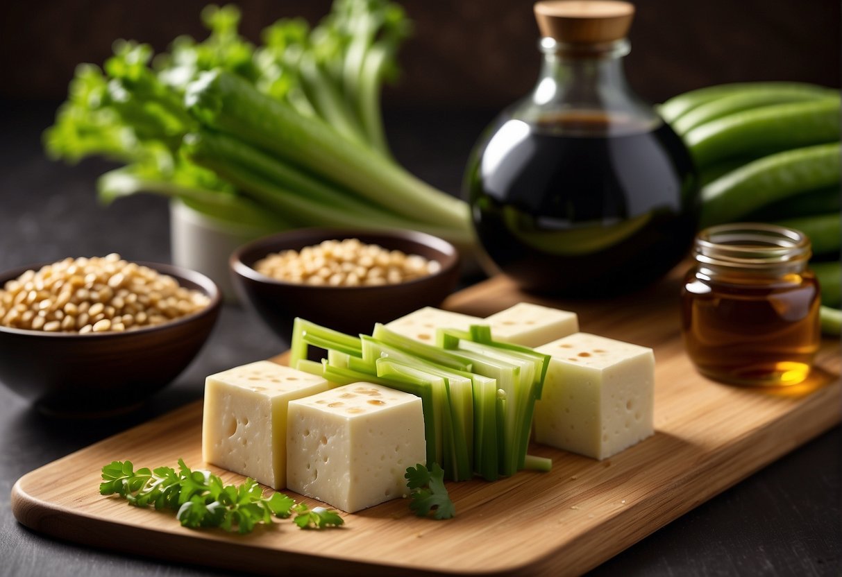 A cutting board with chinese celery and tofu, a bowl of soy sauce, and a bottle of sesame oil