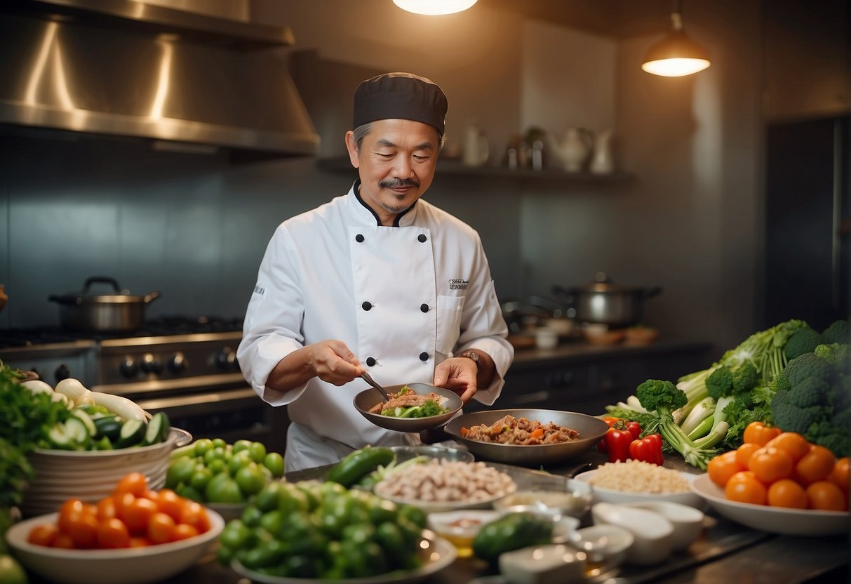 A chef prepares a gizzard Chinese recipe, surrounded by fresh vegetables and health and nutrition information