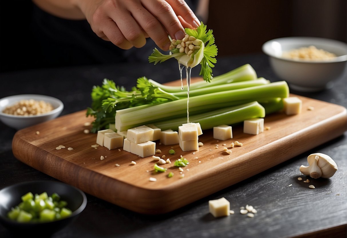 Chinese celery and tofu being washed, chopped, and marinated in soy sauce, sesame oil, and garlic. Ingredients laid out on a wooden cutting board
