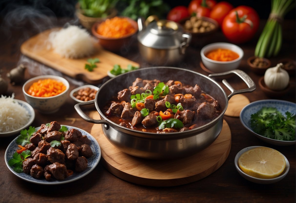 A steaming pot of Chinese gizzard recipe surrounded by ingredients and a recipe book