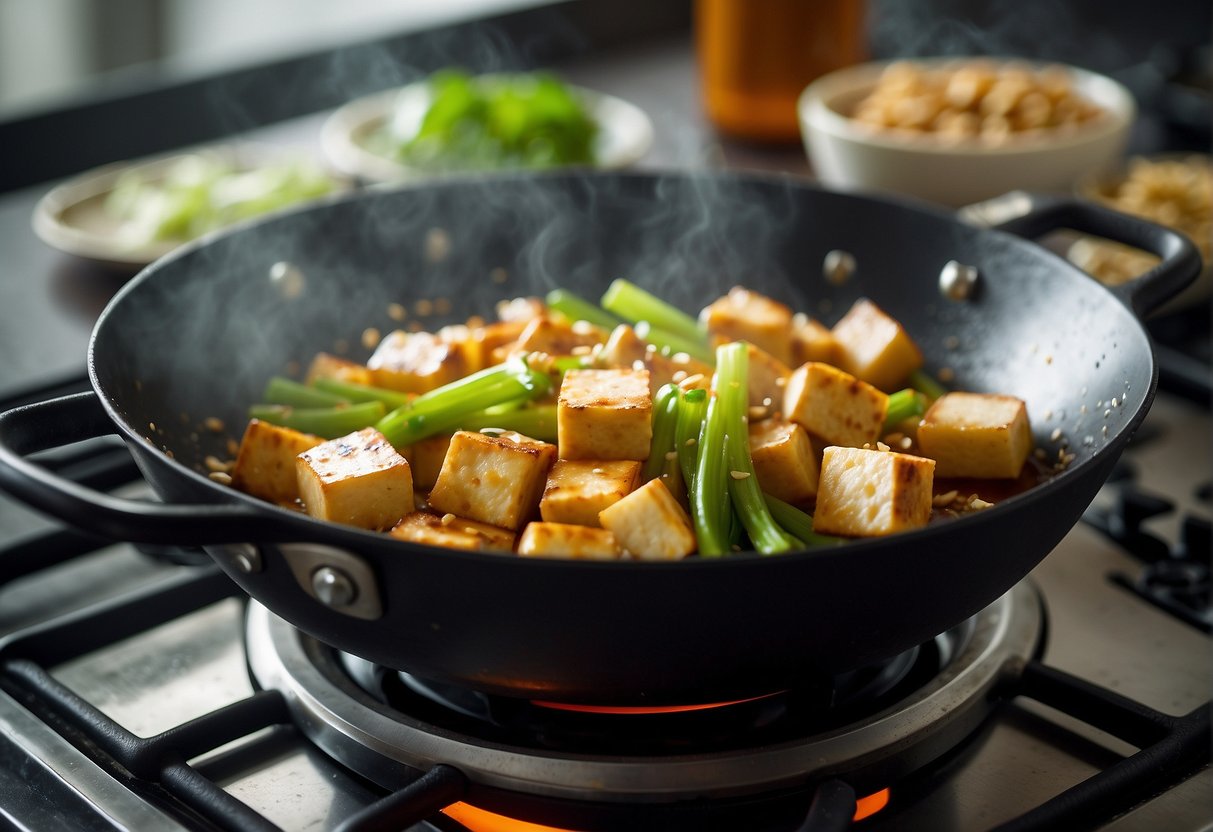 A wok sizzles on a stovetop as diced tofu and Chinese celery are stir-fried with garlic and ginger. A splash of soy sauce adds a savory aroma to the dish