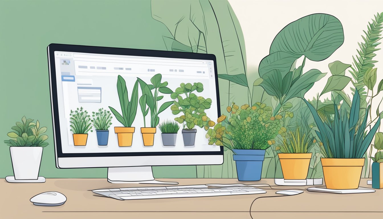 A computer screen with a variety of plants and seeds displayed. A hand hovers over a mouse, ready to click and make a purchase