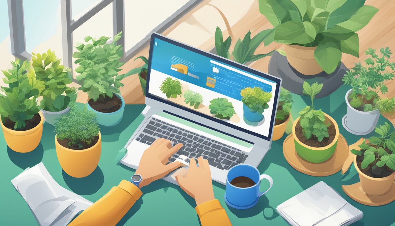 A hand reaches for a computer, clicking on a website to buy plants and seeds online. A shovel and watering can sit nearby, ready for planting and maintenance