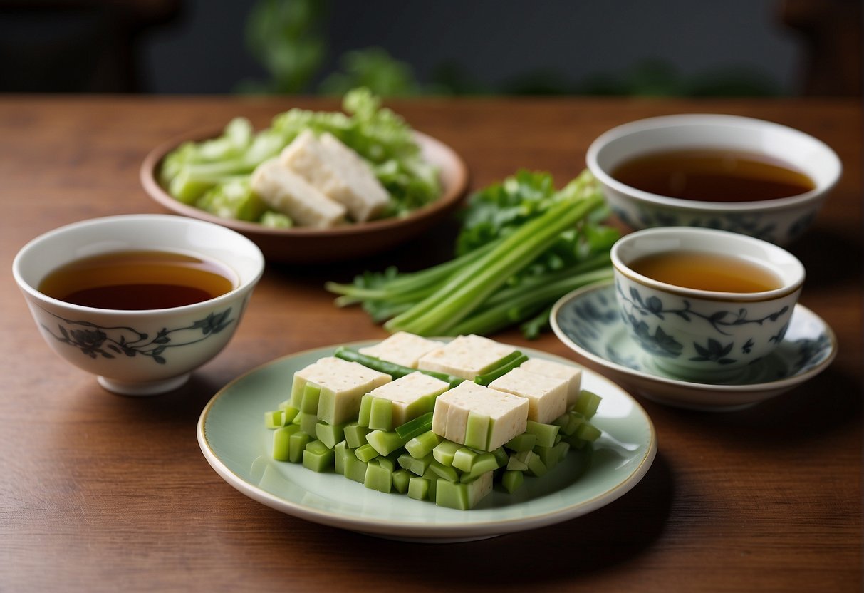 A table set with a plate of Chinese celery and tofu dish, accompanied by a pair of chopsticks and a cup of green tea
