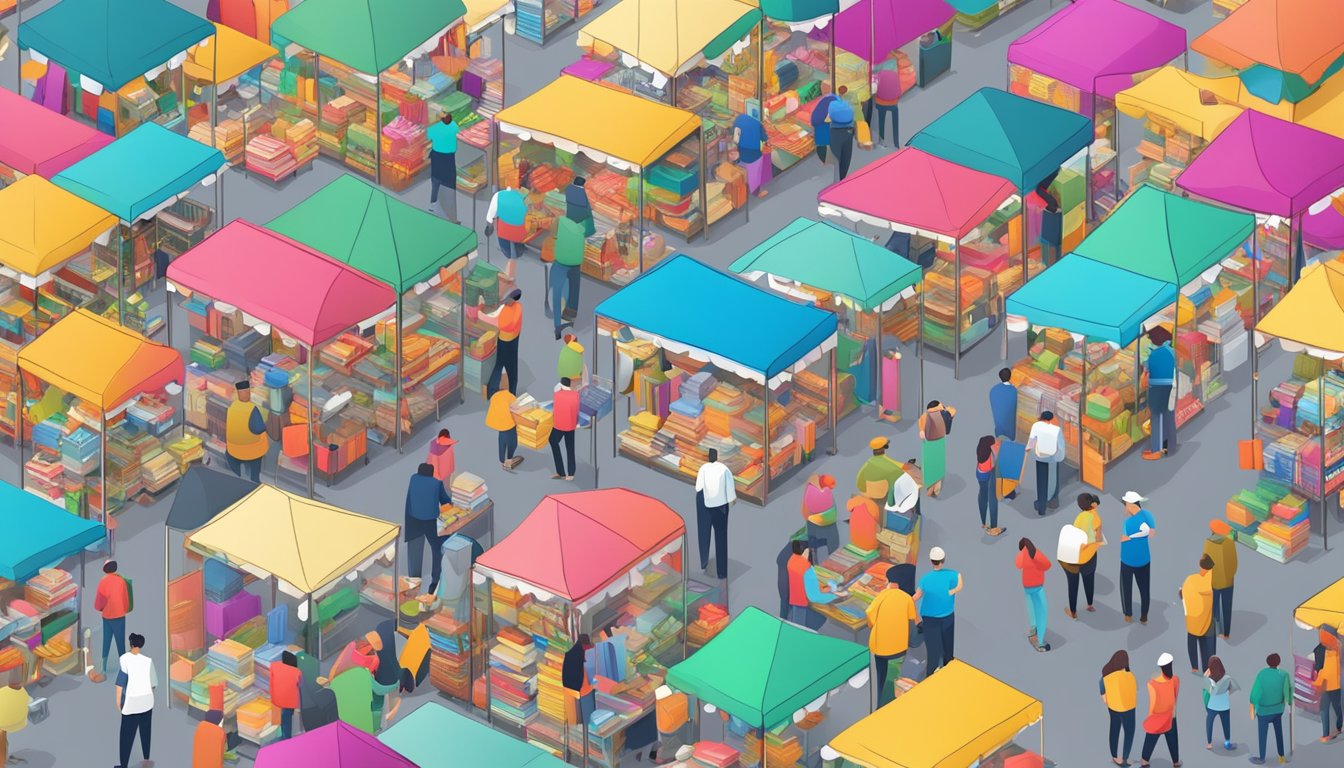 A busy marketplace with stacks of colorful stationery, people browsing and negotiating deals with vendors