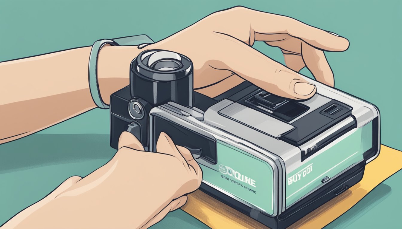 A hand reaches for a Polaroid camera on a website, with the "buy online" button highlighted