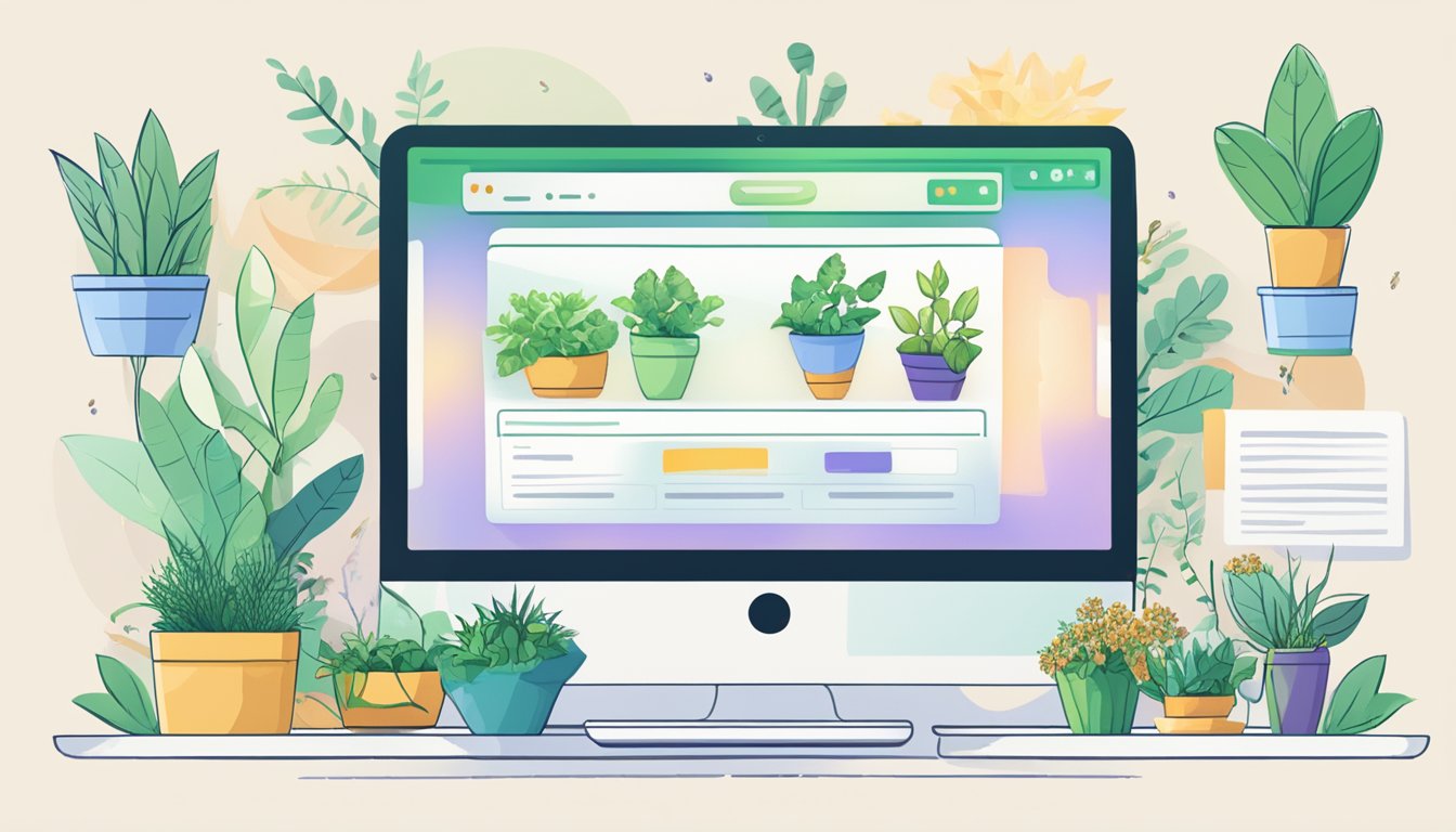 A computer screen with a website open, displaying a variety of plants and seeds for sale. A cursor hovers over a "Frequently Asked Questions" tab