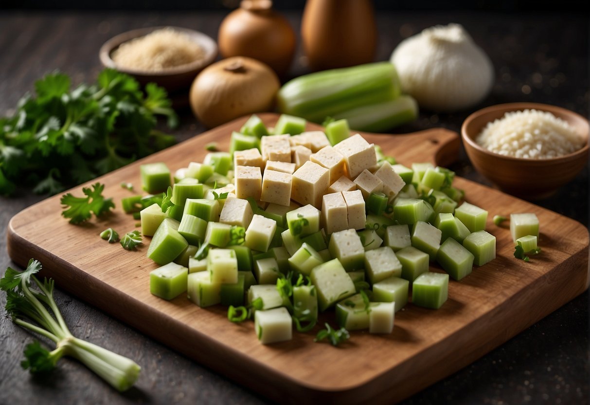 A cutting board with diced Chinese celery and tofu, surrounded by ingredients and utensils for cooking