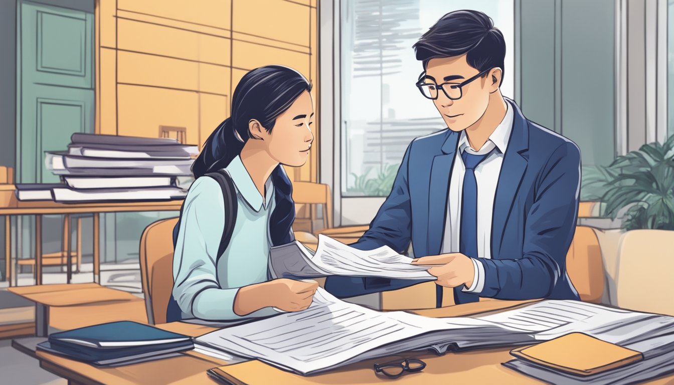 A licensed moneylender explains education loan terms to a student in Singapore. Documents and a loan agreement are on the table