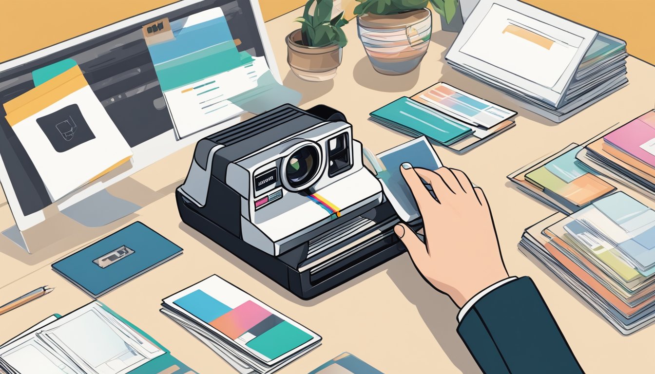 A hand reaching for a polaroid camera on a desk, surrounded by various FAQ cards and a laptop open to a website for buying polaroid products online