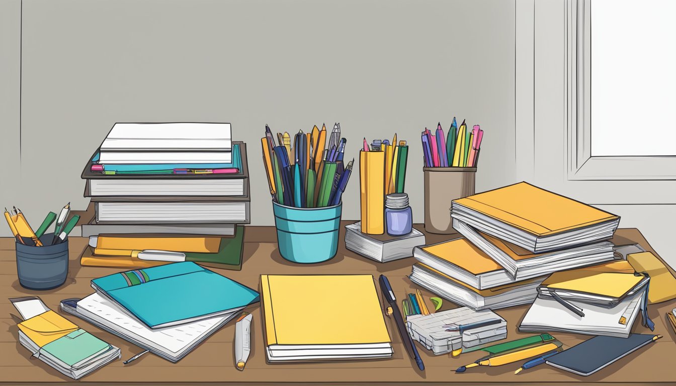A table filled with stationery products for every occasion, including pens, notebooks, envelopes, and greeting cards. The products are neatly arranged and displayed, ready for purchase