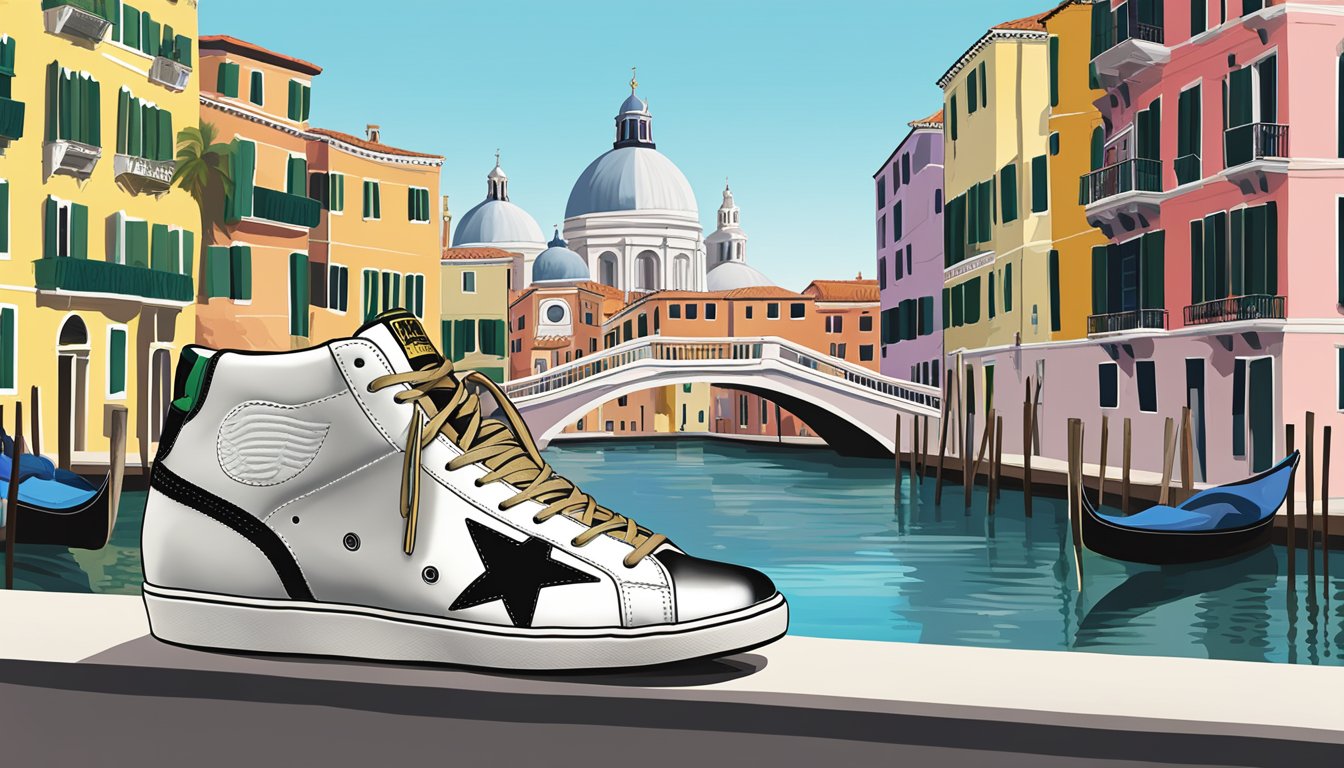 A pair of Superstar Golden Goose Deluxe Brand sneakers sits atop a Venetian canal bridge, with gondolas and colorful buildings in the background