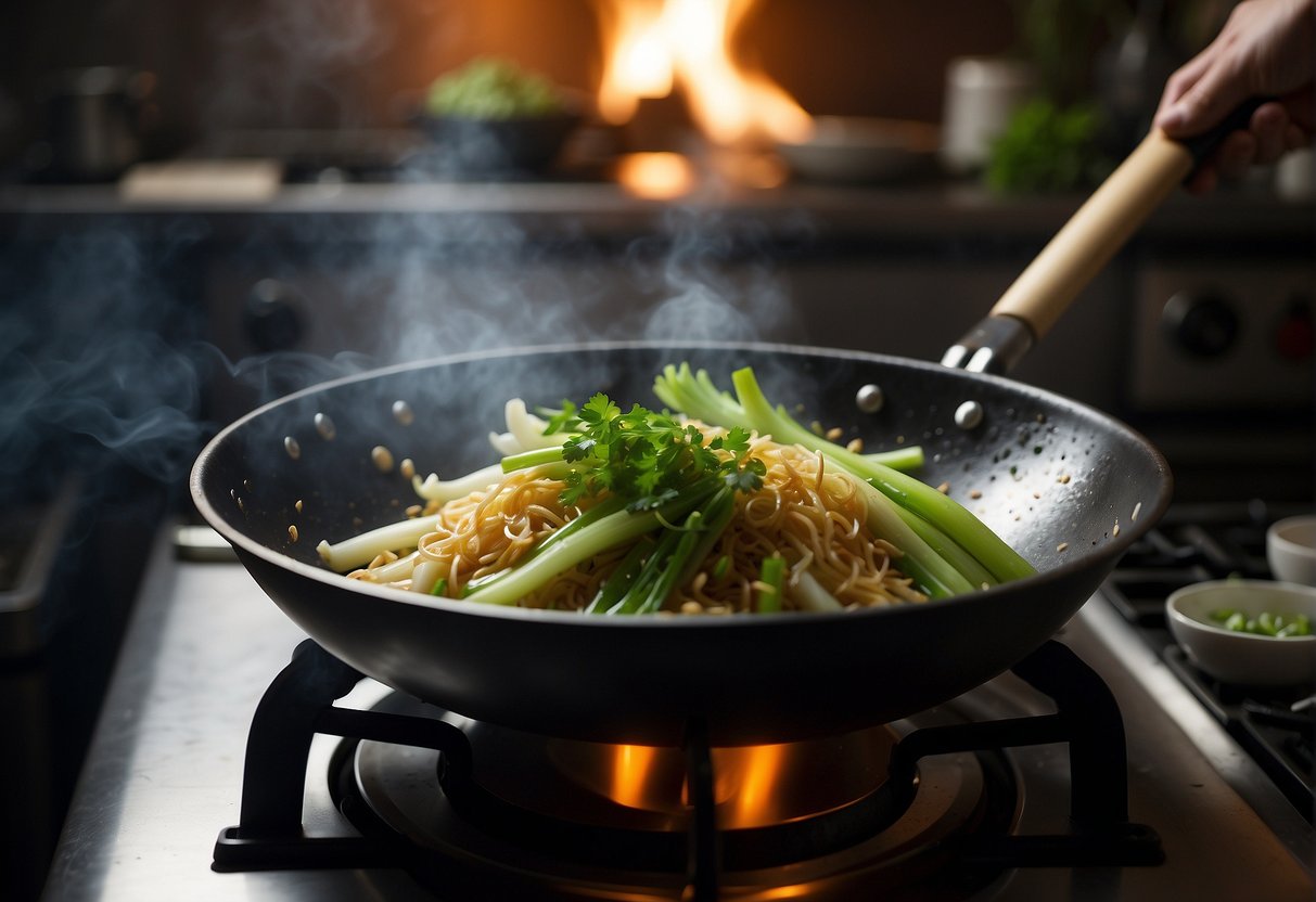 A wok sizzles as Chinese celery is stir-fried with garlic, ginger, and soy sauce. Steam rises, filling the kitchen with savory aromas