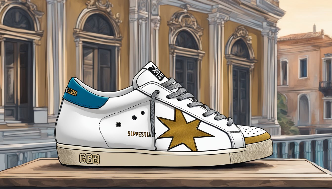 GGDB Superstar Sneakers on display, with signature star logo and distressed details, against a backdrop of Venetian architecture