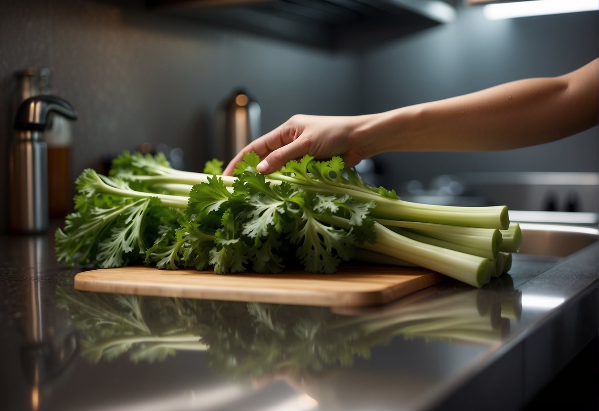 A hand reaches for fresh chinese celery, ginger, and soy sauce on a kitchen counter